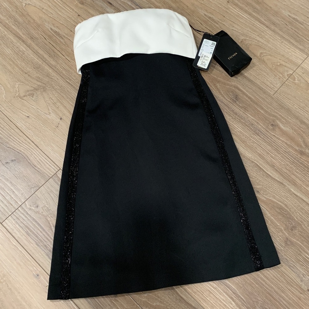 Escada Strapless Black White Dress Small NWT Elegant